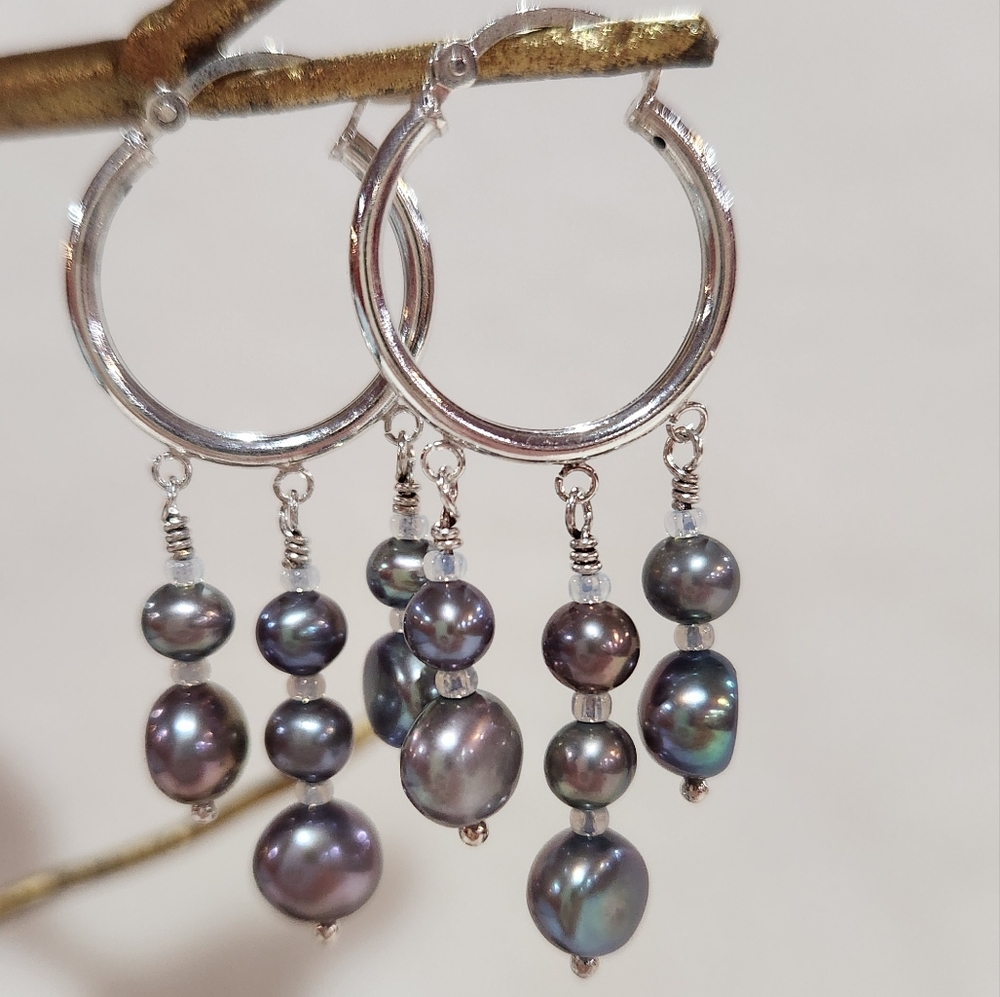 Sterling Silver Hpops w/3 Strands of Dangling Pearls